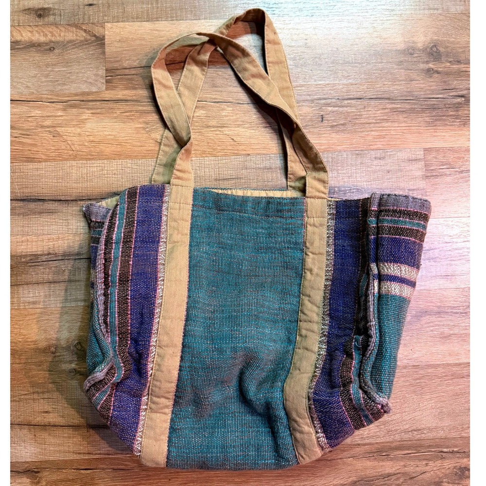 Handmade Nepal Tote Bag Multi Color Woven Boho Cotton Artsy Sustainable Quilted